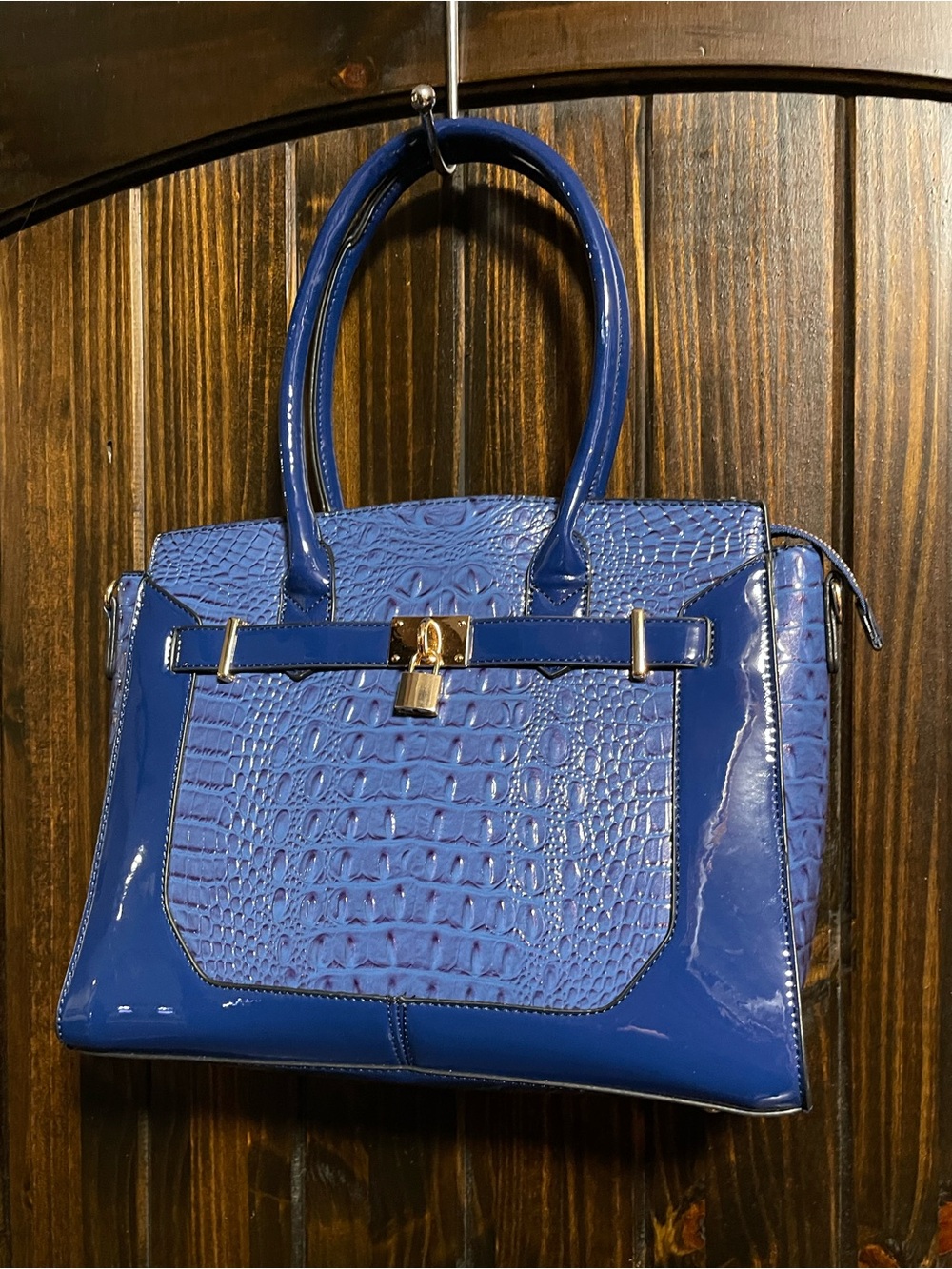 Blue Crocodile-Embossed Patent Tote Bag with Lock Accent